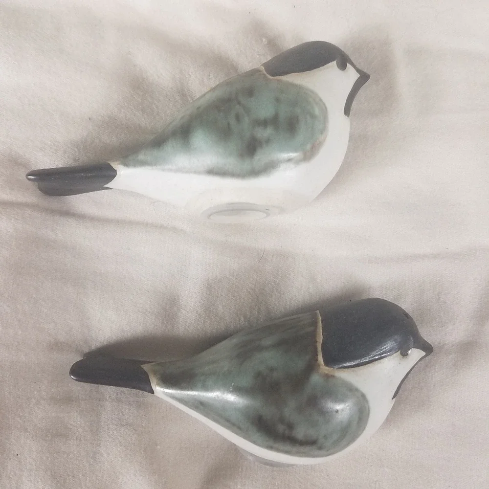 Chickadee Salt and Pepper Shakers Set Grey Green Excellent Ceramic Bird